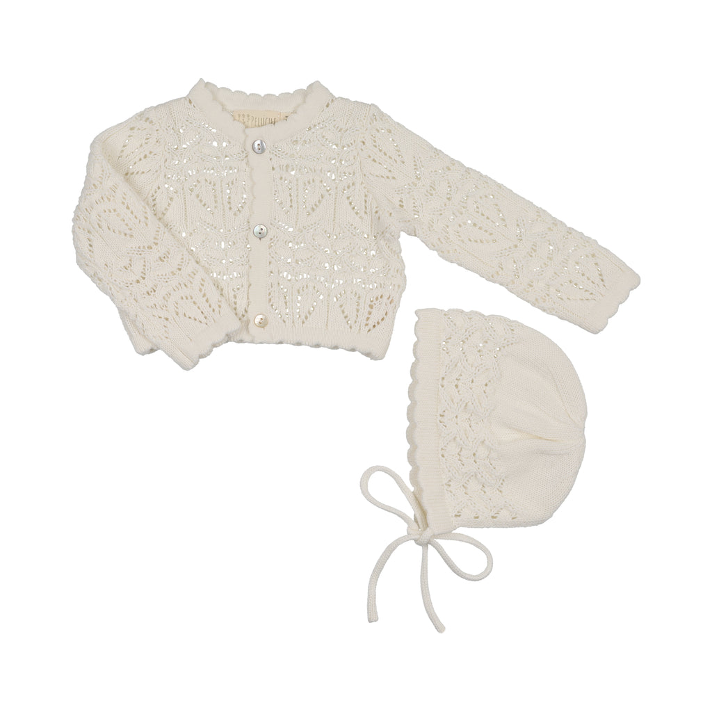 Baby Neutral Cropped Cardigan + Hat | Eyelit Knit | Cream | Peluche | AW26