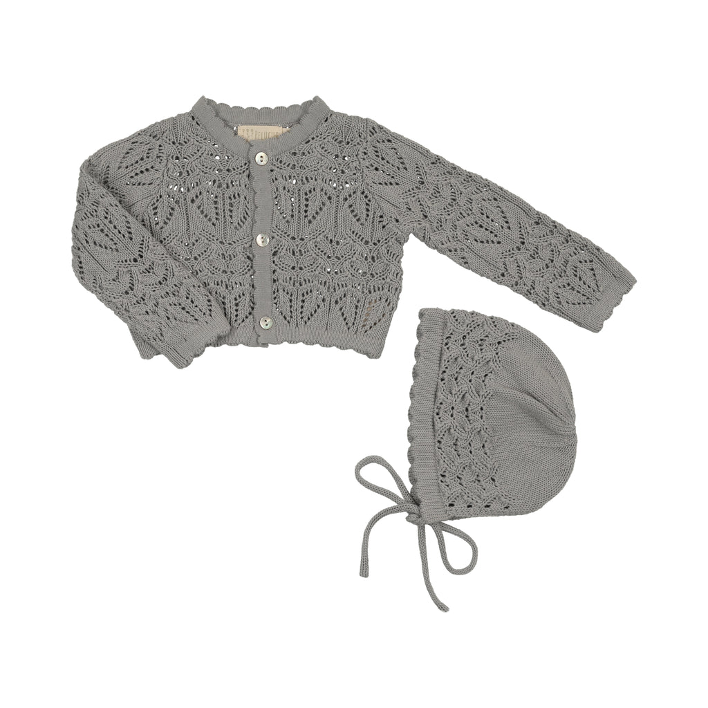 Baby Boy Cropped Cardigan + Hat | Eyelit Knit | Powder| Peluche | AW26