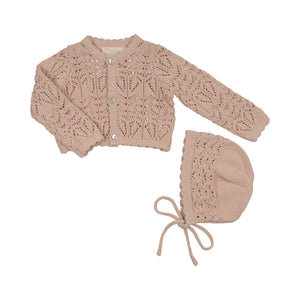 Baby Girl Cropped Cardigan + Hat | Eyelit Knit | Rose | Peluche | AW26