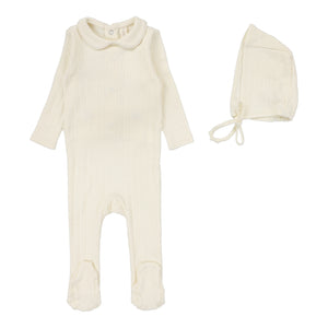 Baby Boy Footie Set | Fine Pointelle Collar | Cream Peter Pan | Lil Legs | Aw25