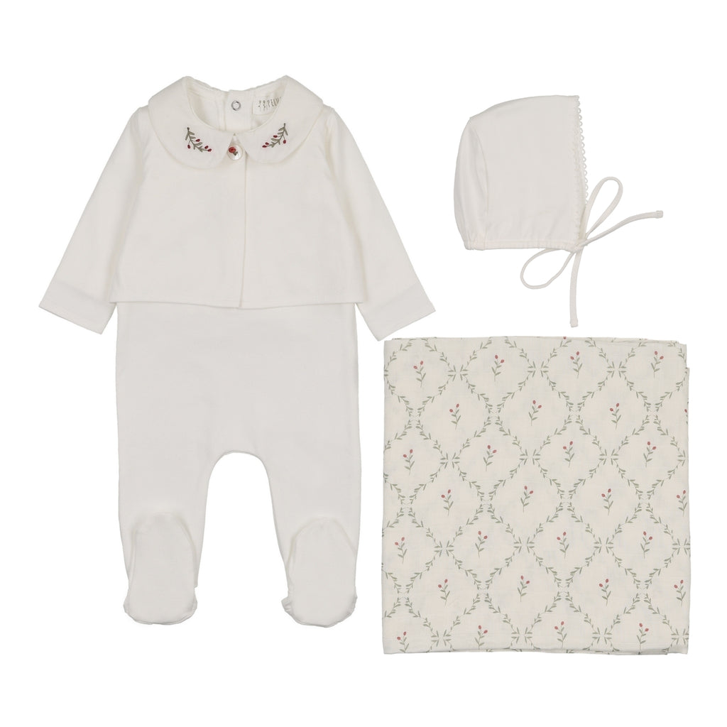 Baby Girl Layette Set | Footie + Cardigan 4 Pc Set with Embroidered Collar | Cream/Berry| Peluche | SS26