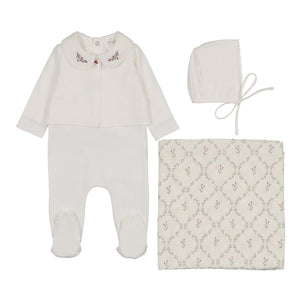 Baby Girl Layette Set | Footie + Cardigan 4 Pc Set with Embroidered Collar | Cream/Berry| Peluche | SS26