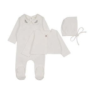 Baby Boy Footie + Cardigan | Olive Embroidered Collar | White | Peluche | SS26