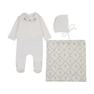 Baby Boy Layette Set | Footie + Cardigan 4 Pc Set with Embroidered Collar | Cream/Olive | Peluche | SS26
