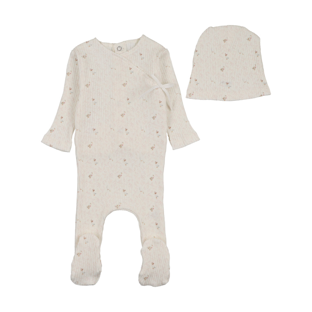 Baby Girl Footie + Hat | Geese in leaves Wide Ribbed | Chalk White | Bee and Dee | SS26