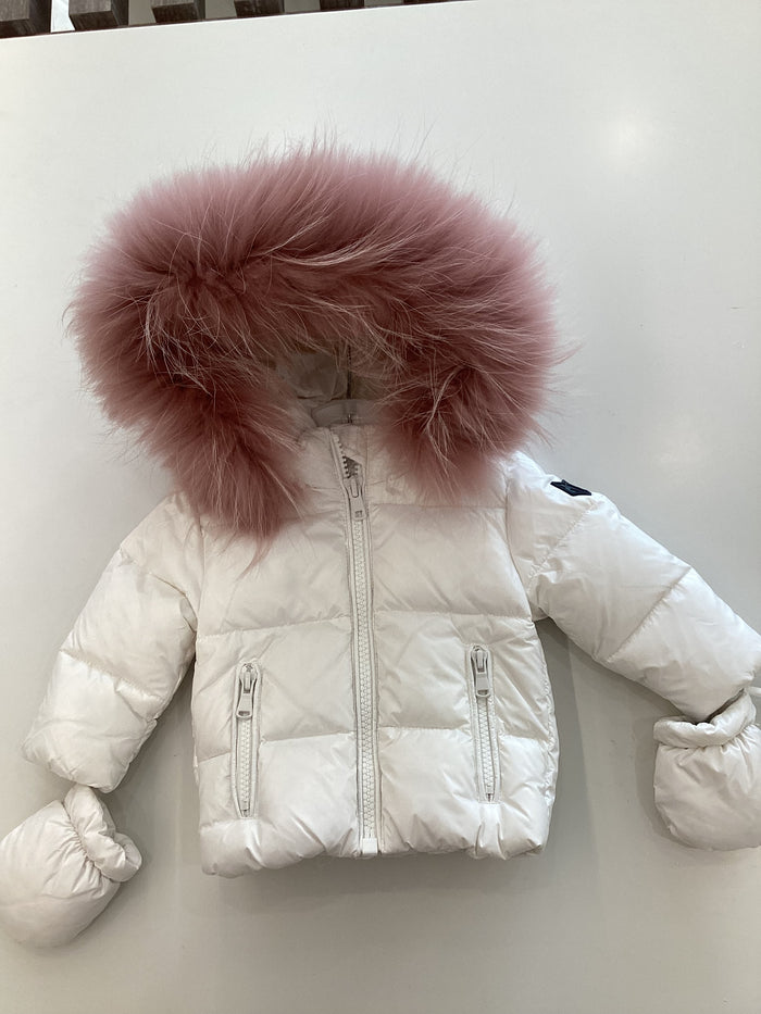 Baby Girl Jacket & Sweater | Classic Puffer | White & Pink Fur | Scotch Bonnet | AW23