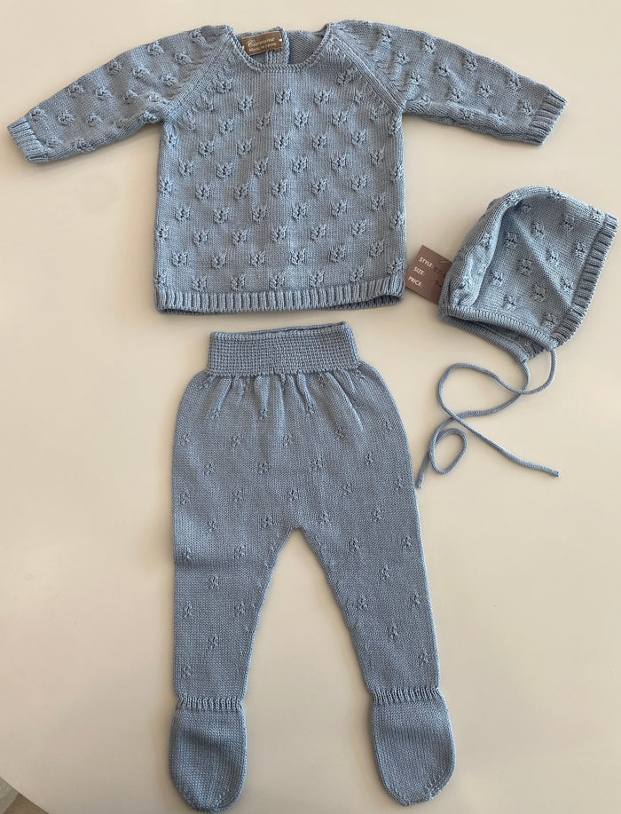 Baby Boy 3 Piece Outfit | Sweet Stitch | Knit | Porcelain Blue| Carmina