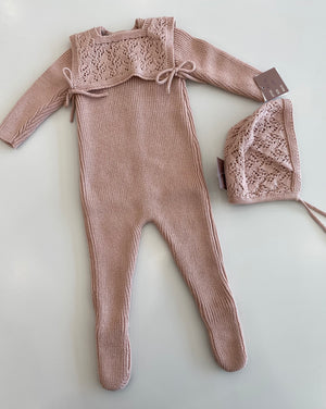 Baby Girl Footie & Bonnet | Crochet Bib | Knit | Rose | Carmina