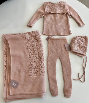 Baby Girl Knit Blanket | Crochet Bib | Knit | Rose | Carmina