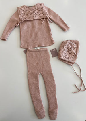 Baby Girl 3 Piece Outfit | Crochet Bib | Knit | Rose | Carmina