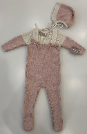 Baby Girl Knit Footie + Bonnet | Pink With Cream | Carmina | AW26