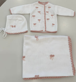 Baby Girl Sweater Set | White Knit with Rose Lace Bows | Chant De Joie | AW26
