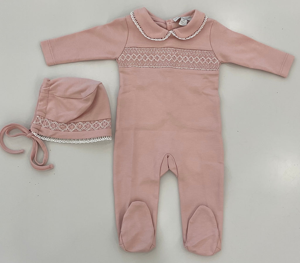 Baby Girl Footie And Hat | Pima Cotton Rose With Rose Smock | Chant De Joie | AW26