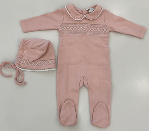 Baby Girl Footie And Hat | Pima Cotton Rose With Rose Smock | Chant De Joie | AW26