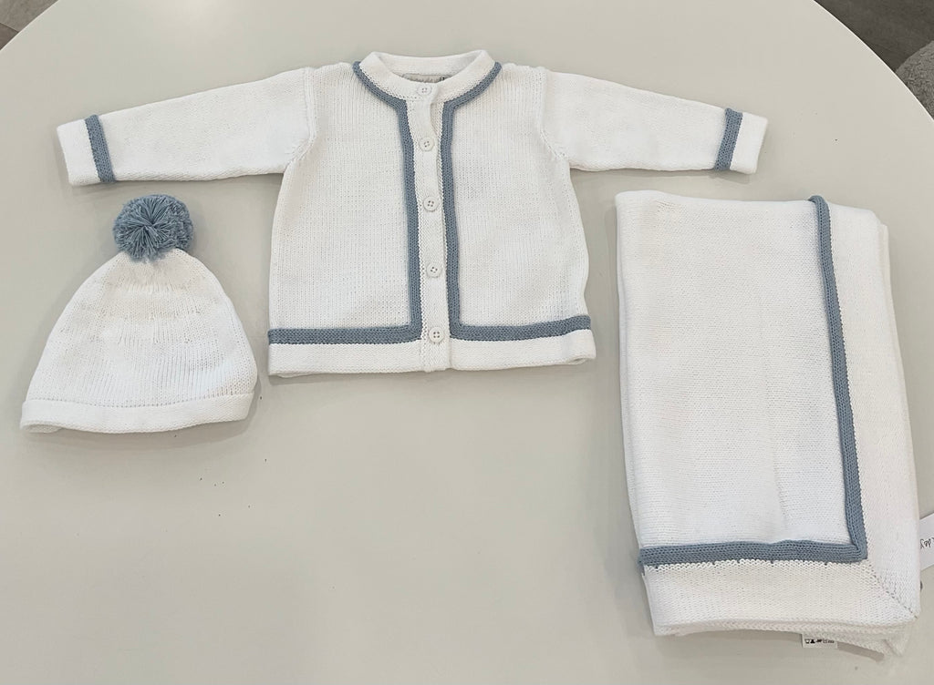 Baby Boy Sweater Set | White Knit with Blue Trim | Chant De Joie | AW26