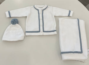 Baby Boy Sweater Set | White Knit with Blue Trim | Chant De Joie | AW26