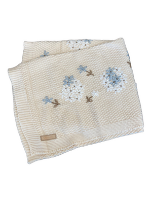 Knit Baby Blanket | Flowers On The Side | Cream/Blue | Inimini