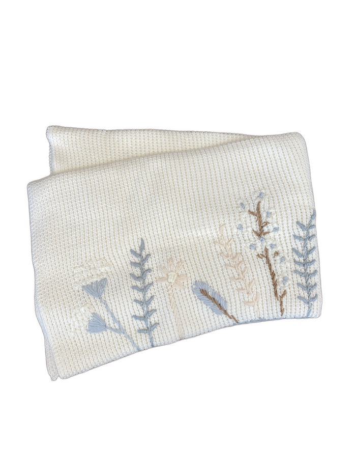 Knit Baby Blanket | Garden Flower Line | Snow White/Blue | Inimini