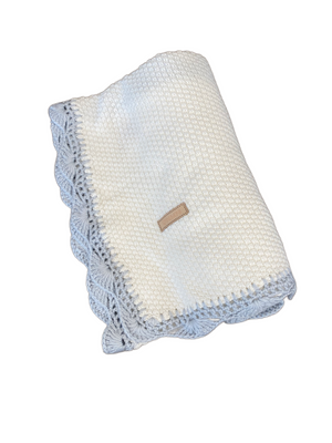 Knit Baby Blanket | Embroidered Edge | Snow White/Blue | Inimini