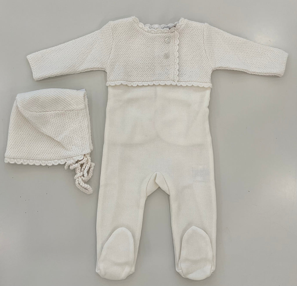 Baby Neutral Footie And Hat | English Knit Ivory With Ivory Knit Crochet | Chant De Joie | AW26