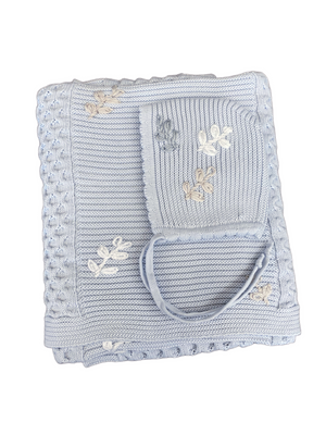 Knit Baby Blanket + Bonnet | Butterflies Embroidery | Baby Blue | Inimini
