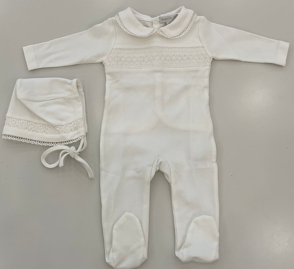 Baby Neutral Footie And Hat | Pima Cotton Ivory With Ivory Smock | Chant De Joie | AW26