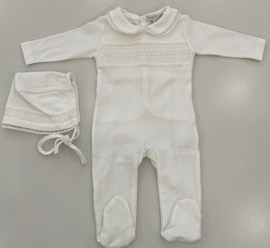 Baby Neutral Footie And Hat | Pima Cotton Ivory With Ivory Smock | Chant De Joie | AW26