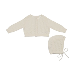 Baby Neutral Cardigan + Bonnet | Pointelle Knit | Winter White | Mema Knits | SS26