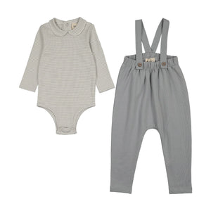 Baby Boy 2 Piece Set |  French Terry Overall + Striped Collared Onesie | Dove Blue | Mema Knits | AW26
