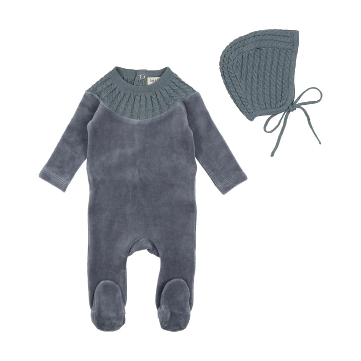 Baby Boy Footie + Hat | Knit Collar | Velour | Blue | Bee and Dee | AW23