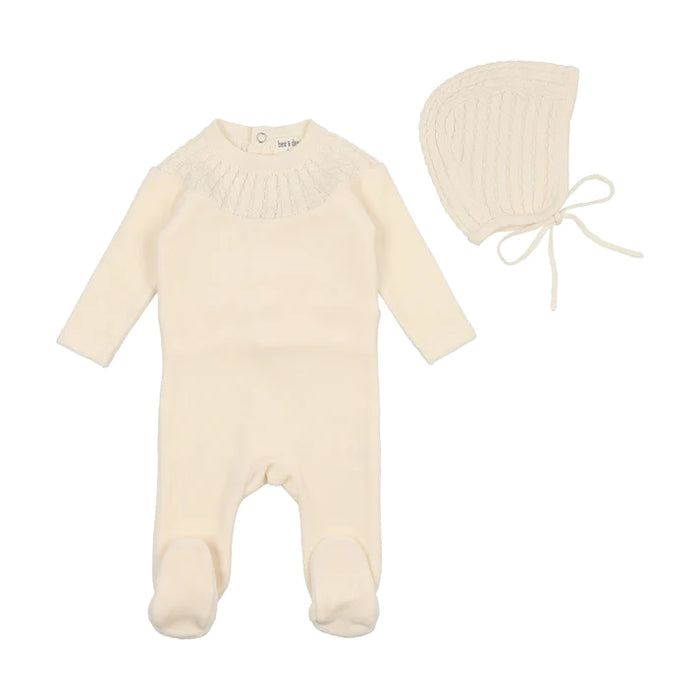 Baby Neutral Footie + Hat | Knit Collar | Velour | Snow White | Bee and Dee | AW23