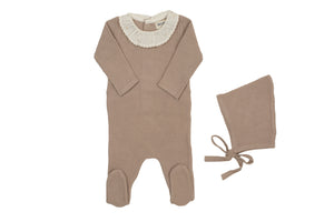 Baby Neutral Layette Set | Knit Embroidered Dot Accent | Taupe | Bee and Dee