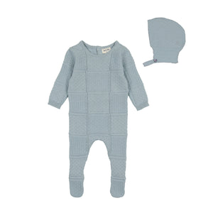 Baby Boy Footie + Hat | Knit Patchwork | Storm Blue | Bee and Dee