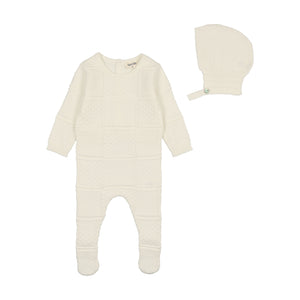 Baby Neutral Footie + Hat | Knit Patchwork | Snow White | Bee and Dee