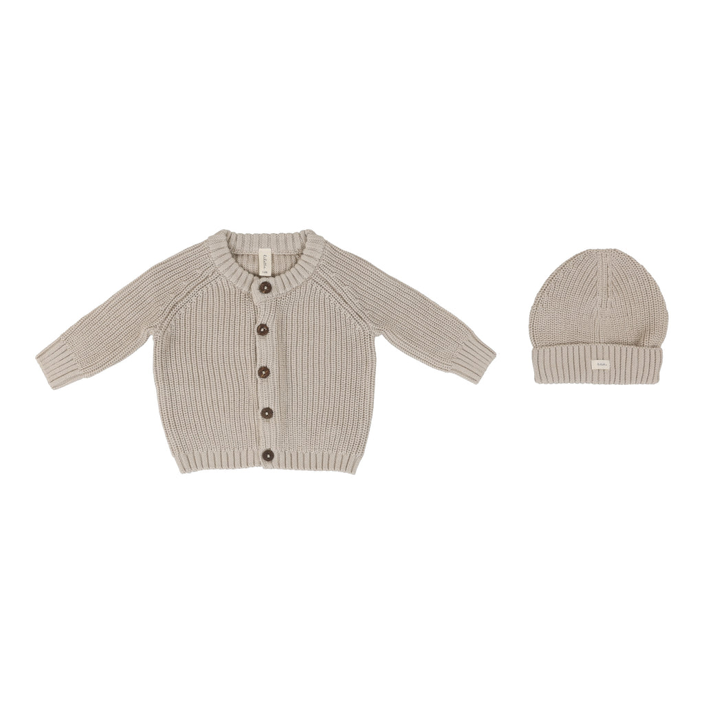 Baby Boy Cardigan + Beanie | Classic Chunky Knit | Natural/Taupe | Lil Legs | Aw25