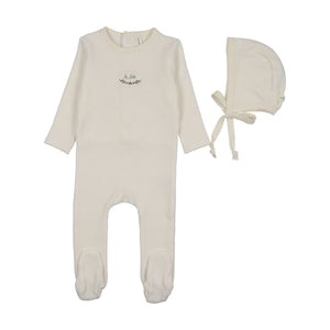 Baby Boy Footie + Hat | Velour Patch | Cream/Blue | Lil Legs | AW26
