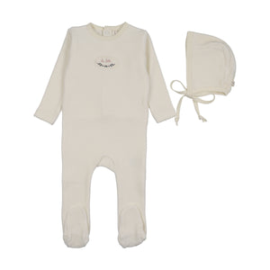 Baby Girl Footie + Hat | Velour Patch | Cream/Pink | Lil Legs | AW26
