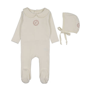 Baby Girl Footie + Hat | Velour Crest Emblem | Cream/Pink | Lil Legs | AW26