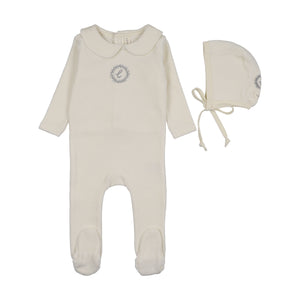 Baby Boy Footie + Hat | Velour Crest Emblem | Cream/Blue | Lil Legs | AW26