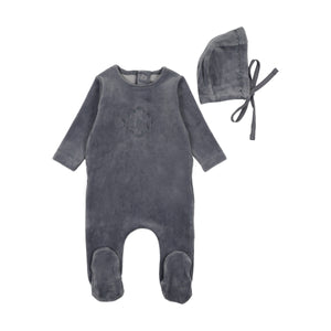 Baby Boy Footie + Hat | Lovely Loops Velour | Hydrangea Blue | Bee and Dee | AW25