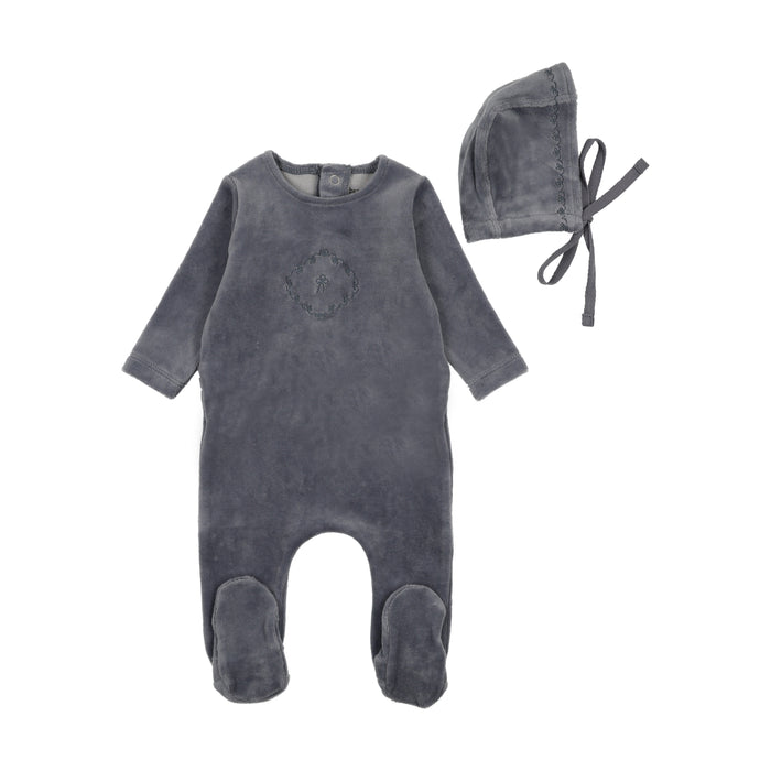 Baby Boy Footie + Hat | Lovely Loops Velour | Hydrangea Blue | Bee and Dee | AW25