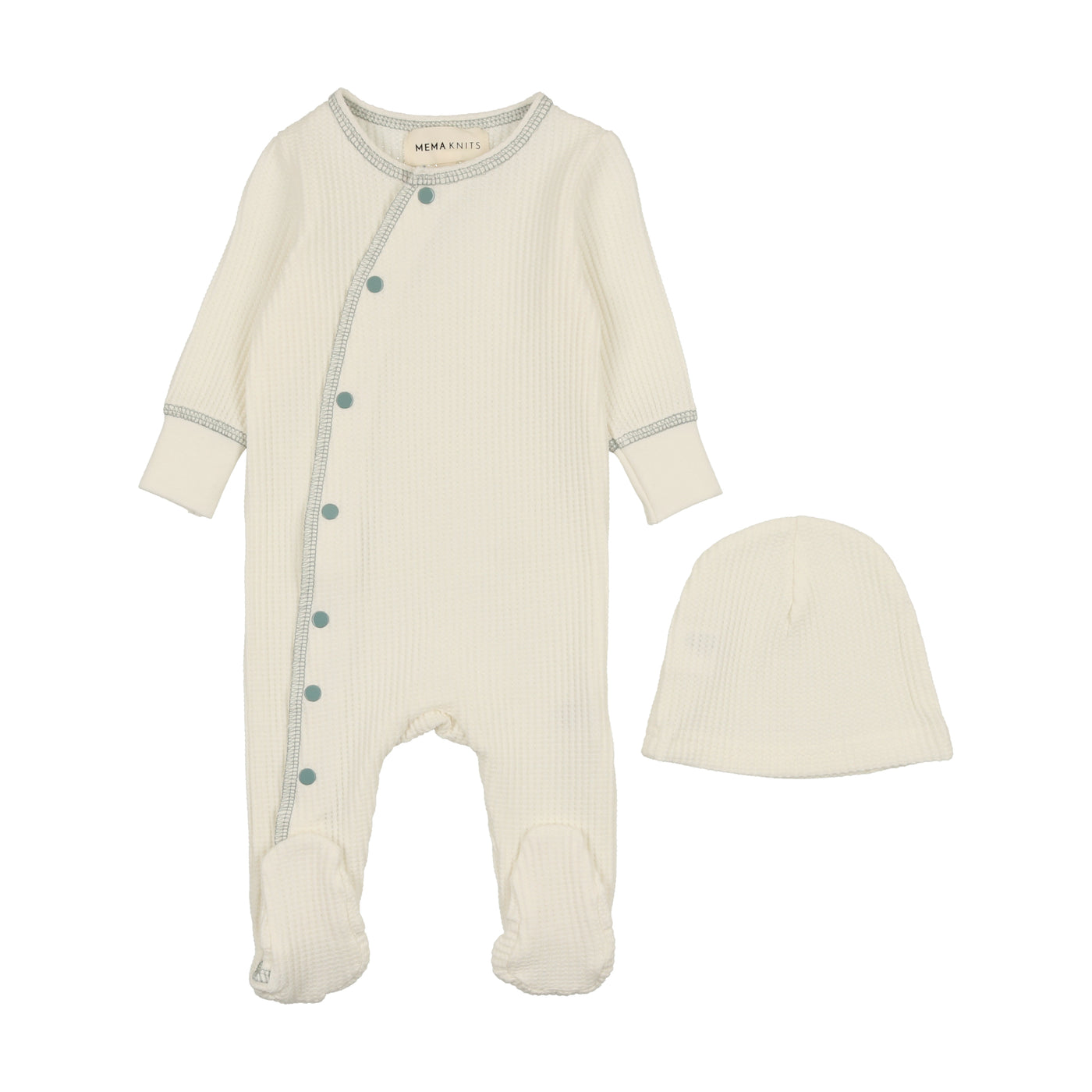 Baby Boy Footie + Hat Side Snap White/Powder Blue Mema