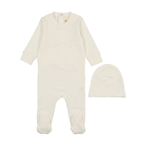 Baby Neutral Footie + Hat | Sweatshirt Logo | Winter White | Mema