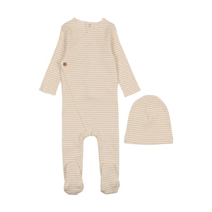 Baby Girl Footie + Hat | Striped Side Button | Cream/Pink | Mema