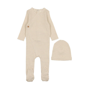 Baby Boy Footie + Hat | Striped Side Button | Cream/Taupe | Mema