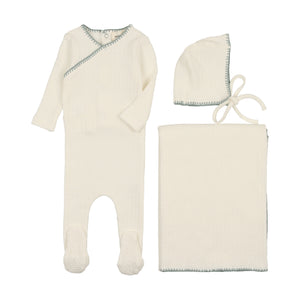 Baby Boy Layette Set | Textured Embroidery Edge | Cream/Powder Blue | Mema