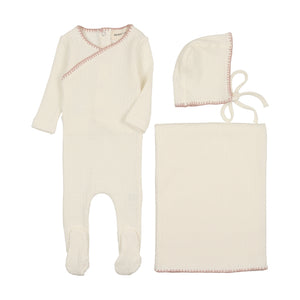 Baby Girl Layette Set | Textured Embroidery Edge | Cream/Pink | Mema