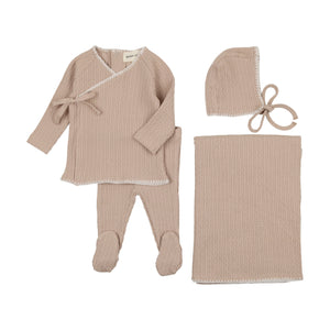 Baby Boy Outfit + Hat | Textured Embroidery Edge | Taupe/Cream | Mema