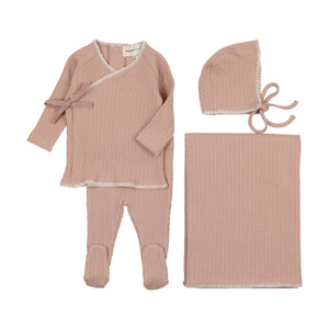 Baby Girl Outfit + Hat | Textured Embroidery Edge | Pink/Cream | Mema
