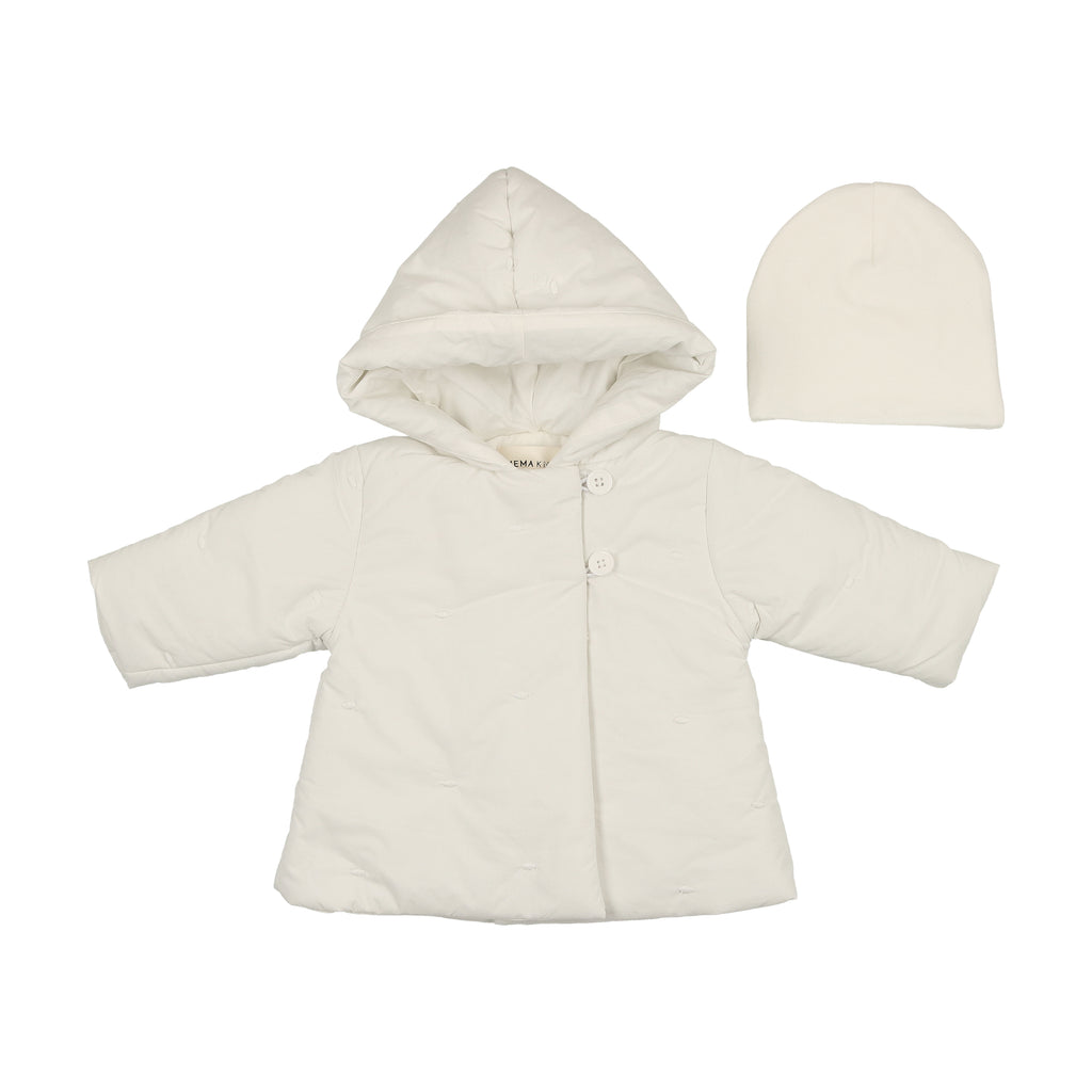 Baby Neutral Jacket + Hat | Embroidered | Winter White | Mema